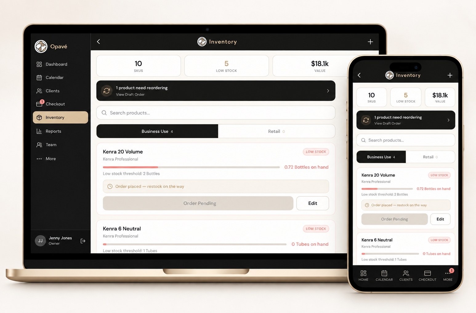 Opavé inventory showing a product that needs reordering and a draft order